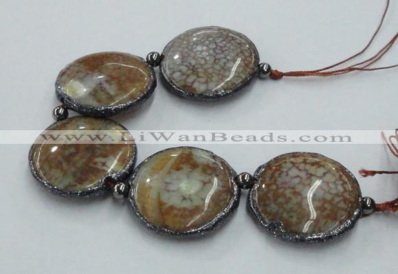 CNG2304 7.5 inches 35mm flat round agate beads with brass setting