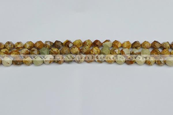 CNG7376 15.5 inches 8mm faceted nuggets picture jasper beads