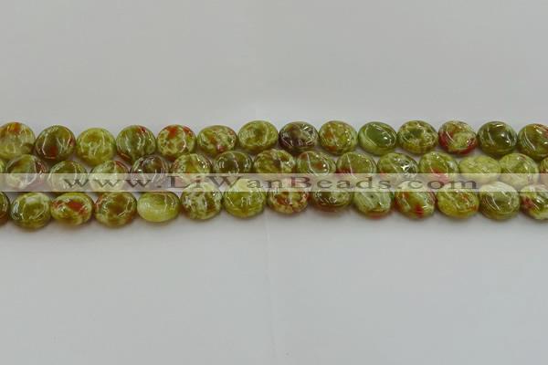 CNS623 15.5 inches 12mm flat round green dragon serpentine jasper beads