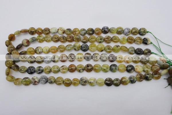 COP567 15.5 inches 10mm flat round natural yellow & green opal beads