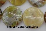 COP596 15.5 inches 25mm flat round natural yellow & green opal beads