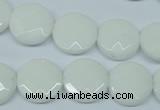 CPB302 15 inches 14mm faceted coin white porcelain beads