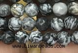 CPJ640 15.5 inches 4mm faceted round grey picture jasper beads