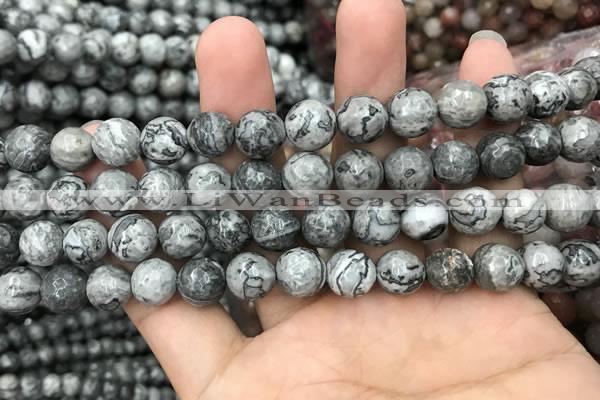 CPJ643 15.5 inches 10mm faceted round grey picture jasper beads