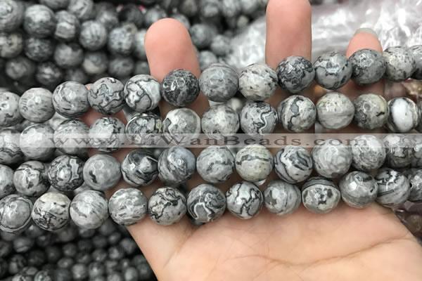 CPJ644 15.5 inches 12mm faceted round grey picture jasper beads