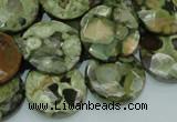 CPS87 15.5 inches 20mm faceted flat round green peacock stone beads