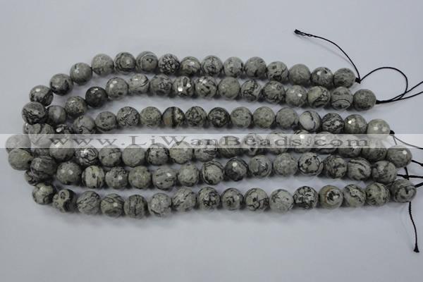 CPT114 15.5 inches 12mm faceted round grey picture jasper beads