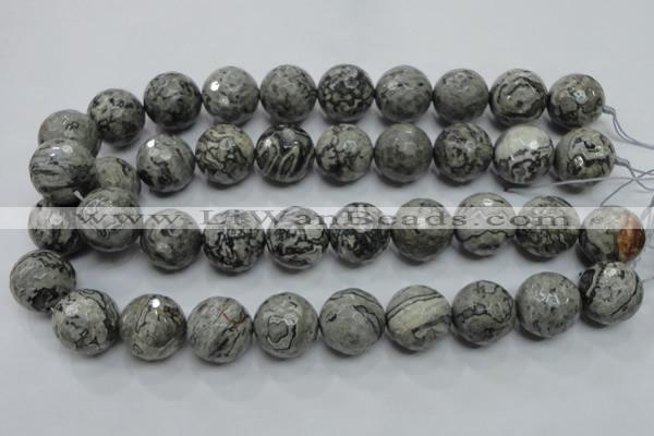 CPT118 15.5 inches 20mm faceted round grey picture jasper beads