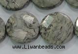 CPT126 15.5 inches 25mm faceted coin grey picture jasper beads