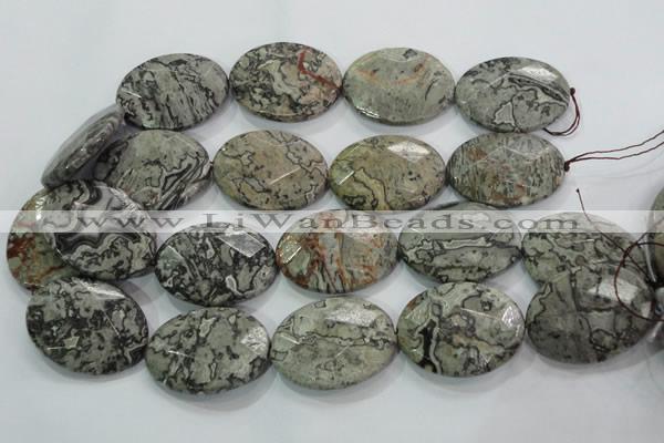 CPT130 15.5 inches 30*40mm faceted oval grey picture jasper beads