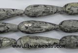 CPT137 15.5 inches 10*30mm faceted teardrop grey picture jasper beads