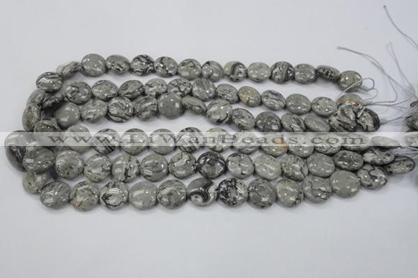 CPT164 15.5 inches 14mm flat round grey picture jasper beads