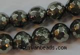 CPY107 15.5 inches 8mm faceted round pyrite gemstone beads wholesale