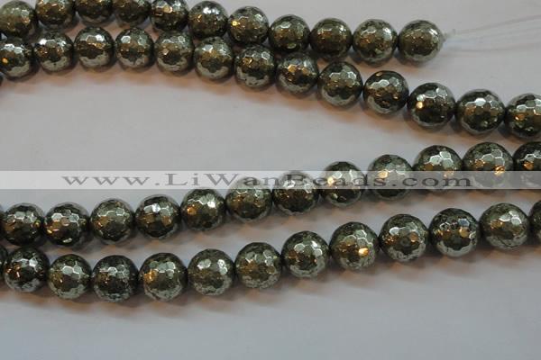 CPY109 15.5 inches 12mm faceted round pyrite gemstone beads wholesale