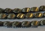 CPY345 15.5 inches 6*10mm twisted rice pyrite gemstone beads wholesale