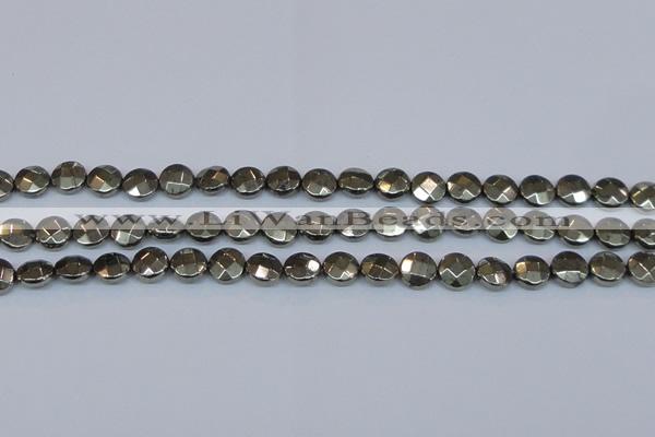 CPY626 15.5 inches 10mm faceted coin pyrite gemstone beads