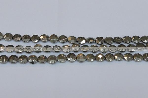 CPY627 15.5 inches 12mm faceted coin pyrite gemstone beads