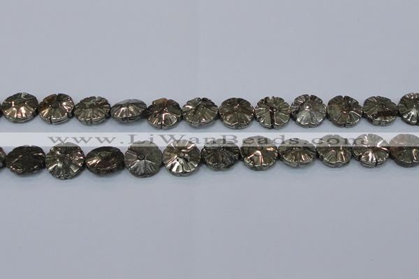 CPY660 15.5 inches 15mm carved flower pyrite gemstone beads