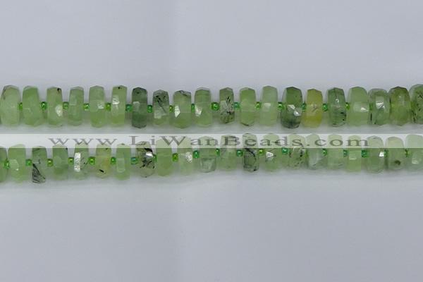 CRB1353 15.5 inches 7*14mm faceted rondelle green rutilated quartz beads