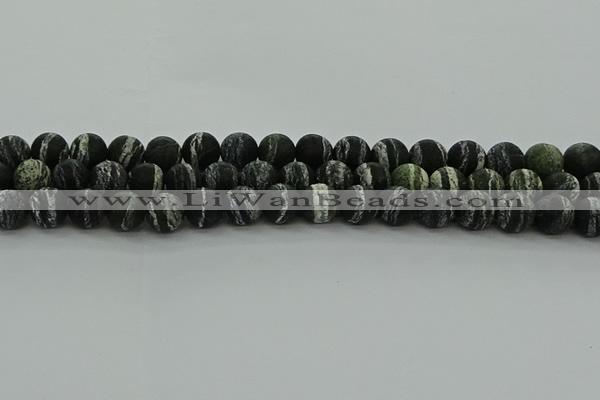 CRO1123 15.5 inches 10mm round matte green silver line jasper beads