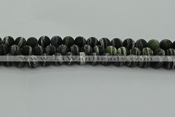 CRO1124 15.5 inches 12mm round matte green silver line jasper beads