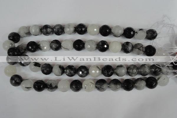 CRU316 15.5 inches 14mm faceted round black rutilated quartz beads