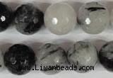 CRU317 15.5 inches 16mm faceted round black rutilated quartz beads