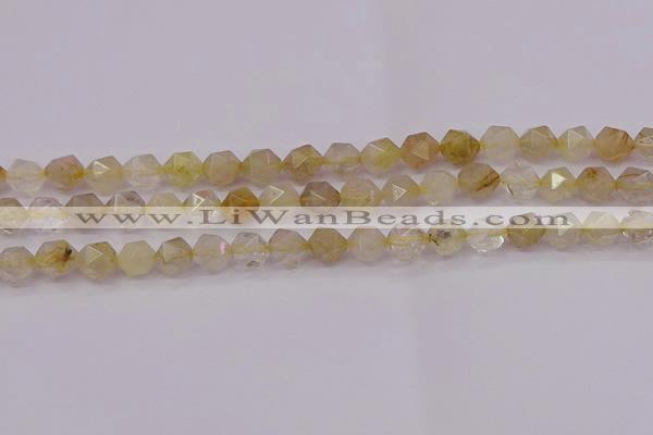 CRU622 15.5 inches 8mm faceted nuggets golden rutilated quartz beads