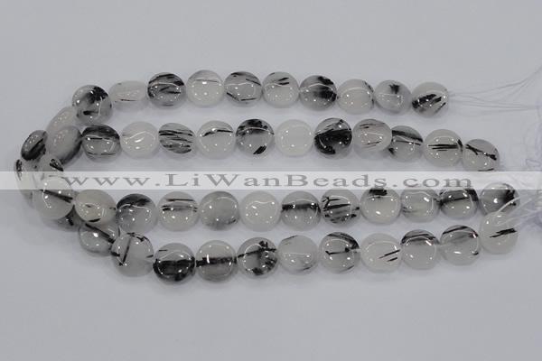 CRU80 15.5 inches 14mm flat round black rutilated quartz beads