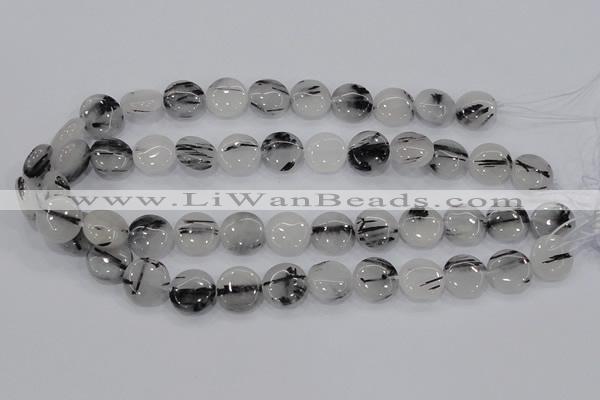 CRU81 15.5 inches 16mm flat round black rutilated quartz beads