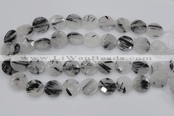 CRU94 15.5 inches 20mm faceted coin black rutilated quartz beads