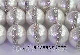 CSB1502 15.5 inches 10mm round shell pearl with rhinestone beads