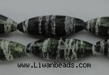 CSJ108 15.5 inches 10*30mm faceted rice green silver line jasper beads