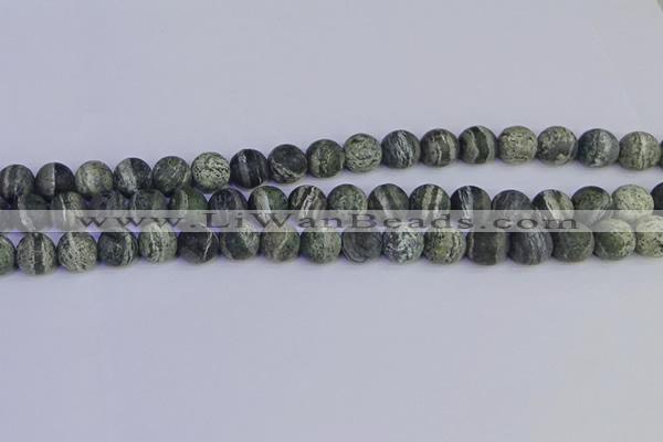 CSJ503 15.5 inches 10mm round matte green silver line jasper beads