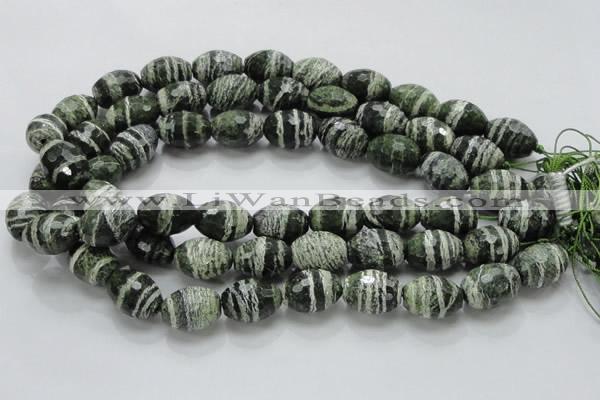 CSJ74 15.5 inches 15*20mm faceted rice green silver line jasper beads