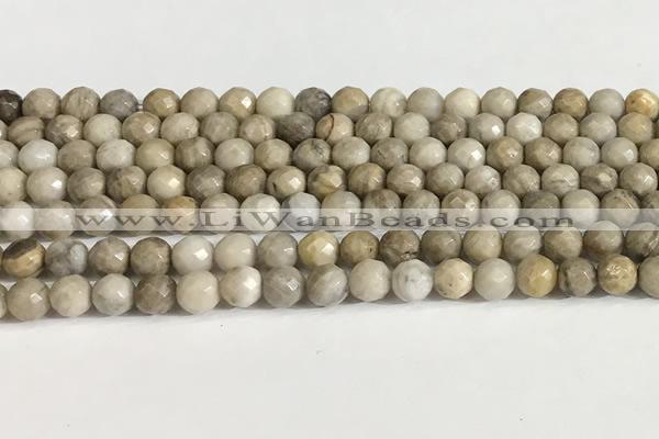 CSL157 15.5 inches 6mm faceted 

round sliver leaf jasper beads