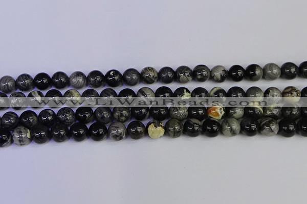 CSL213 15.5 inches 10mm round black silver leaf jasper beads