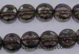 CSQ124 12mm faceted flat round grade AA natural smoky quartz beads