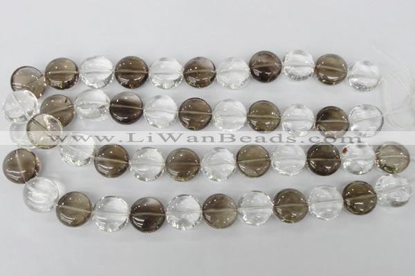 CSQ152 15.5 inches 18mm flat round white crystal & smoky quartz beads