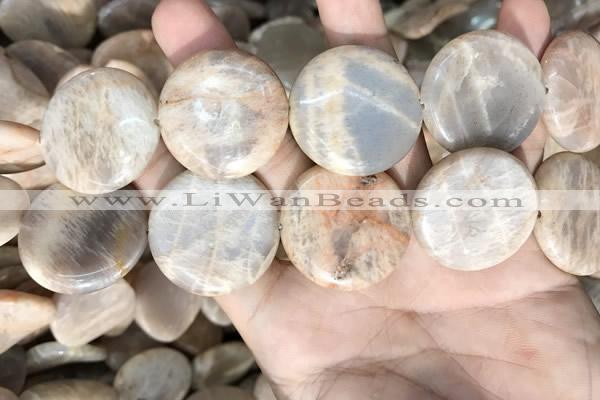 CSS422 15.5 inches 30mm flat round sunstone beads wholesale