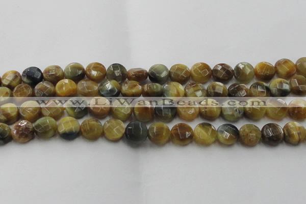 CTE1574 15.5 inches 12mm faceted coin golden & blue tiger eye beads