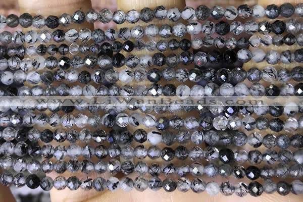 CTG1490 15.5 inches 3mm faceted round black rutilated quartz beads