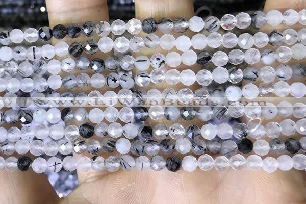 CTG1534 15.5 inches 4mm faceted round black rutilated quartz beads