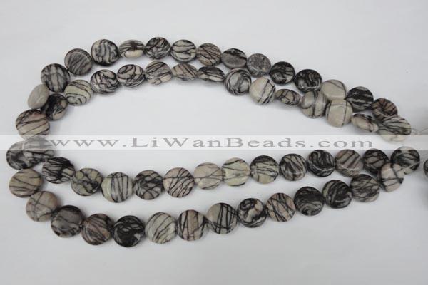 CTJ205 15.5 inches 13mm flat round black water jasper beads wholesale