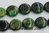 CTP08 15.5 inches 14mm flat round yellow green pine gemstone beads