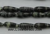 CTR10 15.5 inches 6*16mm faceted teardrop green silver line jasper beads