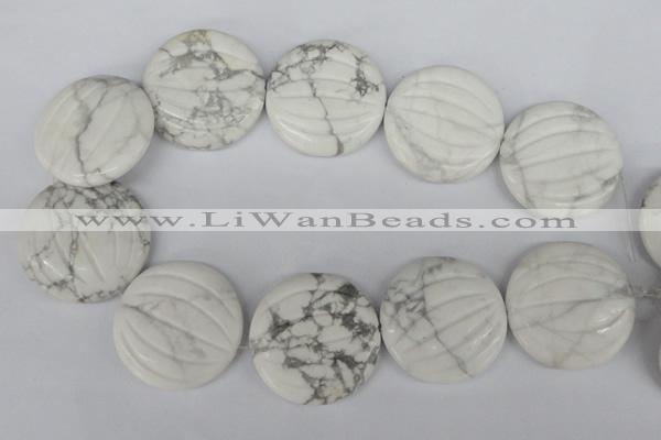 CWB64 15.5 inches 40mm carved coin natural white howlite beads wholesale