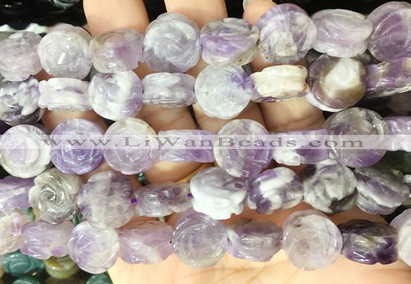 FGBS140 15 inches 14mm carved rose flower amethyst beads