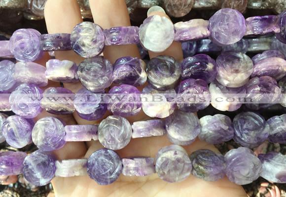 FGBS142 15 inches 14mm carved rose flower dogtooth amethyst beads