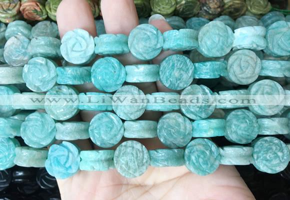 FGBS148 15 inches 14mm carved rose flower amazonite beads